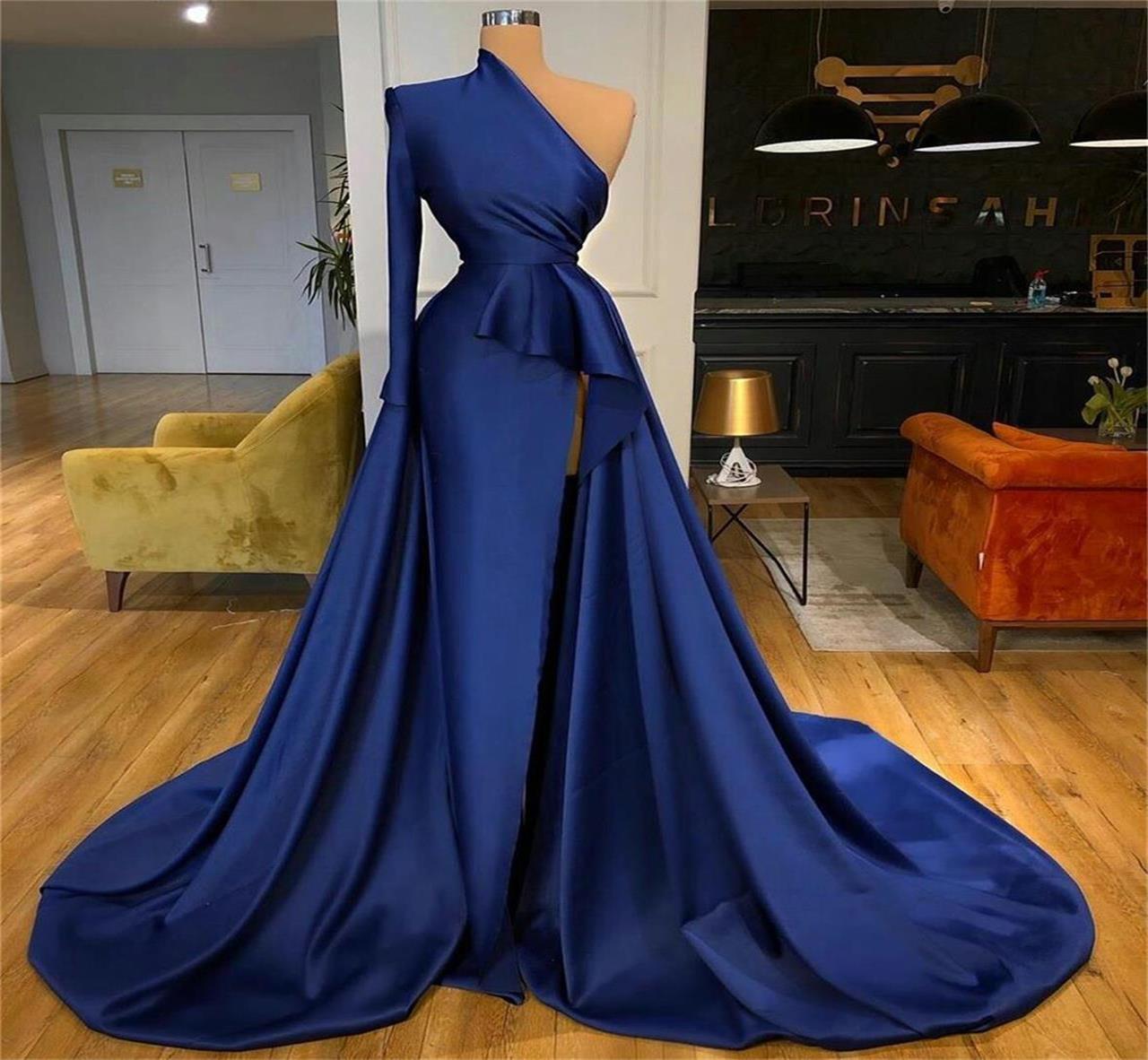 Royal Blue Prom Dresses, 2021 Prom Dresses, Satin Evening Dresses, Evening Dresses, Detachable Prom Dresses, Arabic Prom Dresses, Sexy Evening