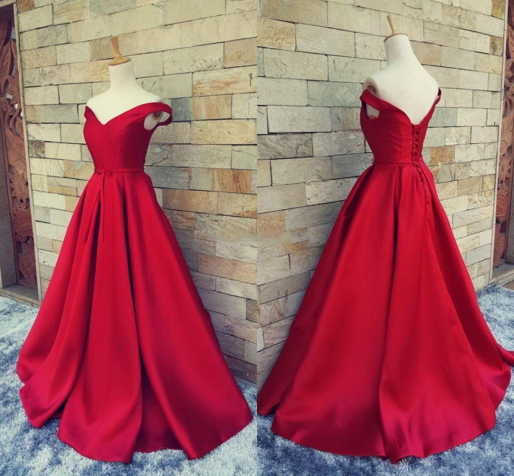 Red Prom Dresses, Off The Shoulder Prom Dress, Satin Prom Dresses, V Neck Evening Dresses, Floor Length Formal Dresses, 2021 Prom Dresses, Long