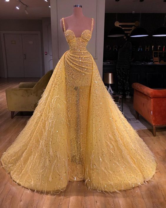 Sequins Prom Dresses, Feather Prom Dresses, Sweetheart Prom Dresses, Beaded Prom Dresses, Feather Prom Dresses, Shinning Prom Dresses, Gold Prom