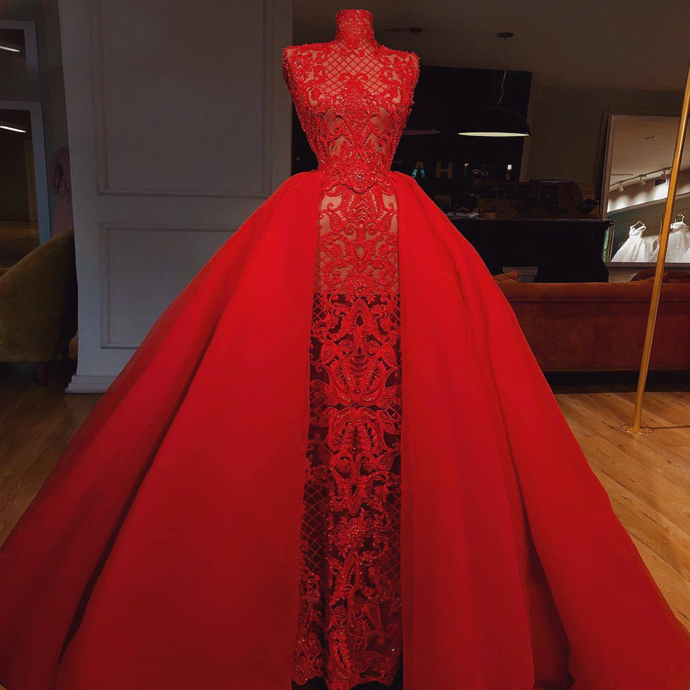 Red Prom Dress, High Neck Prom Dress, Lace Prom Dress, Detachable Skirt Prom Dress, Tulle Evening Dress, Ball Gown Prom Dress, Evening Gowns,