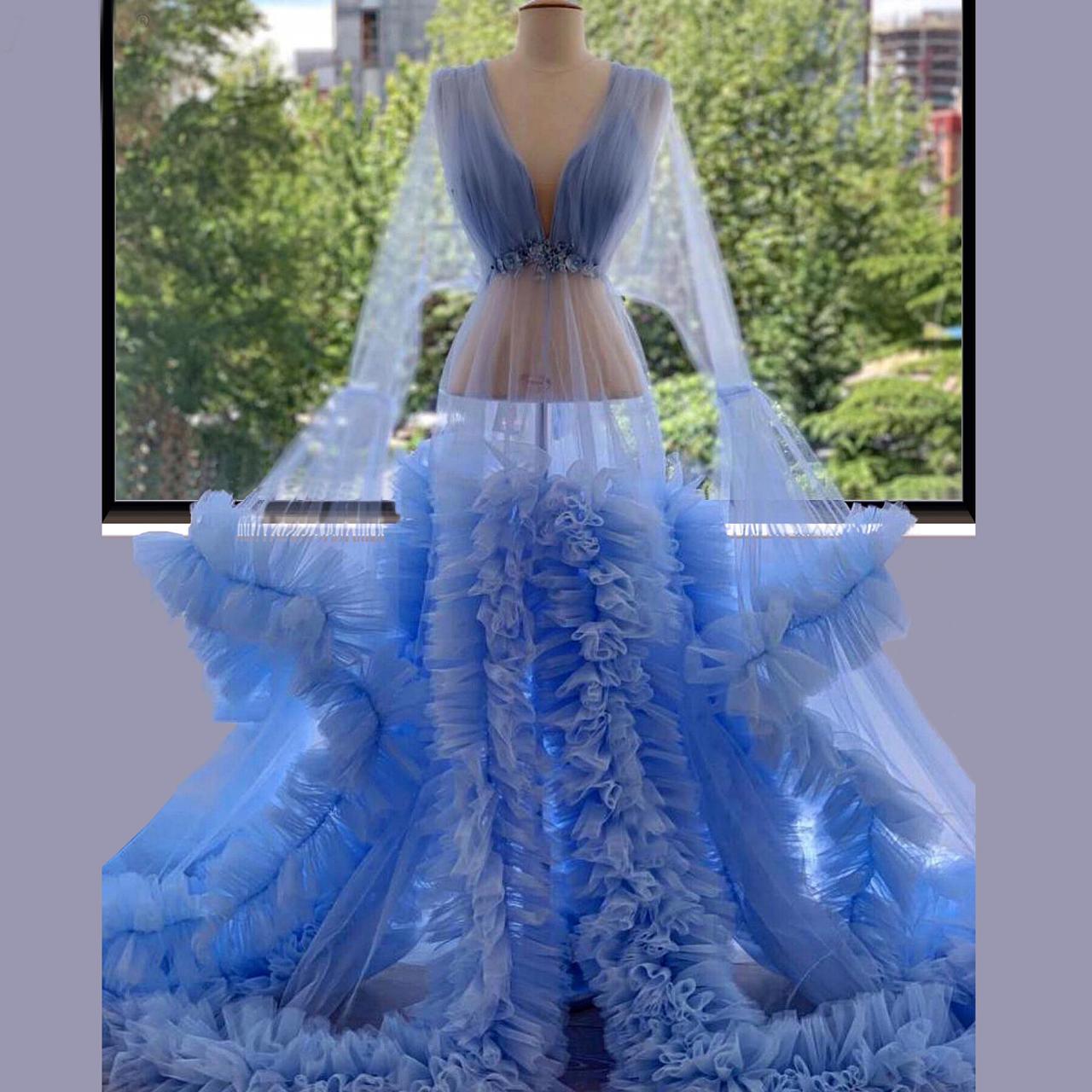 Blue Prom Dress, Sexy Evening Dress, Deep V Neck Prom Dress, Tulle Evening Dress, Long Sleeve Prom Dress, A Line Prom Dress, Fashion Evening