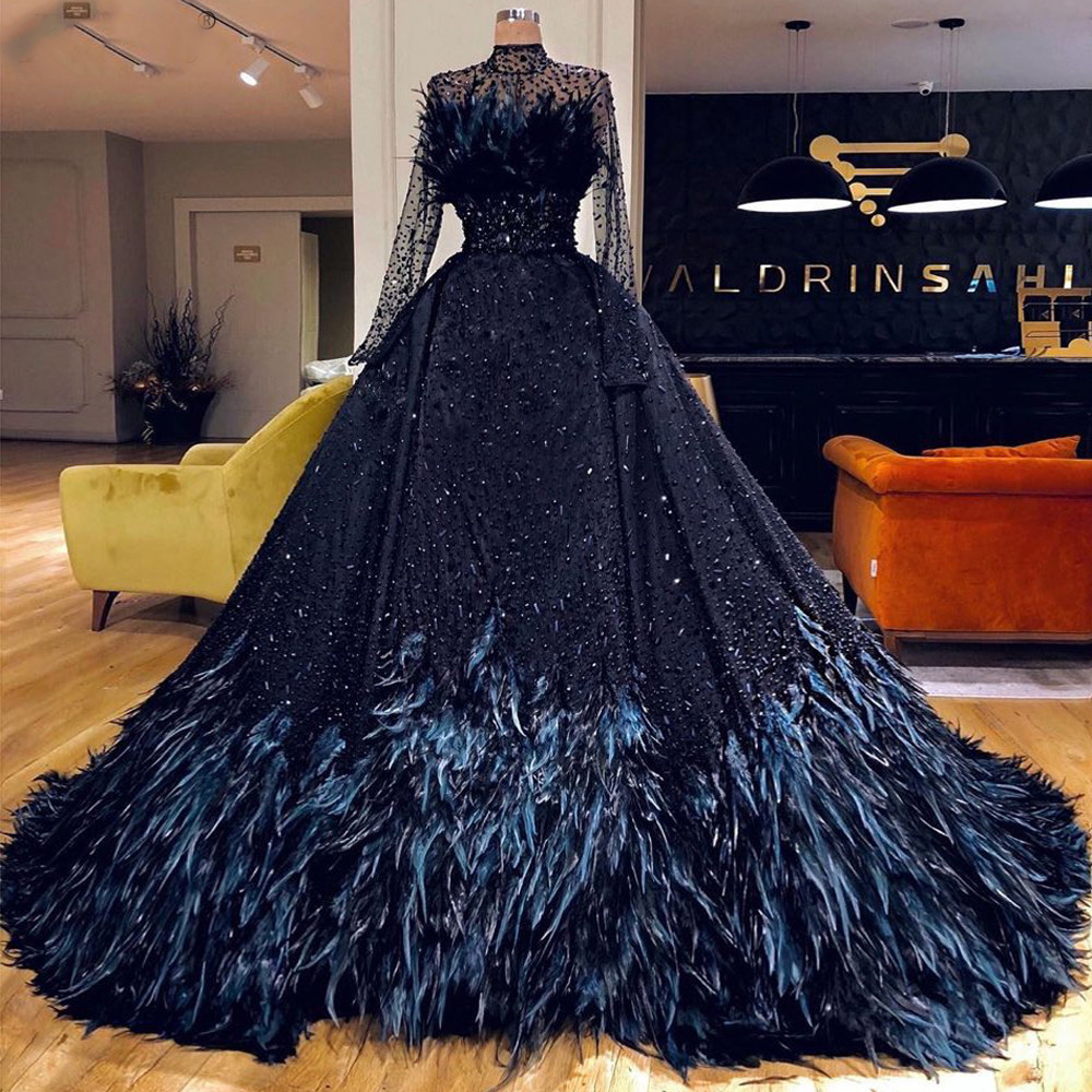 Black Prom Dresses, Feather Prom Dresses, Arrival Prom Dresses, Sexy Prom Dress, Long Sleeve Prom Dress, Fashion Party Dress, Beaded Evening