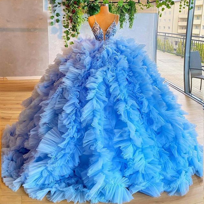 Blue Prom Dresses, 2021 Evening Dresses, Ball Gown Prom Dresses, Ruffle Prom Dresses, Tulle Evening Dresses, 2021 Formal Dresses, Custom Make