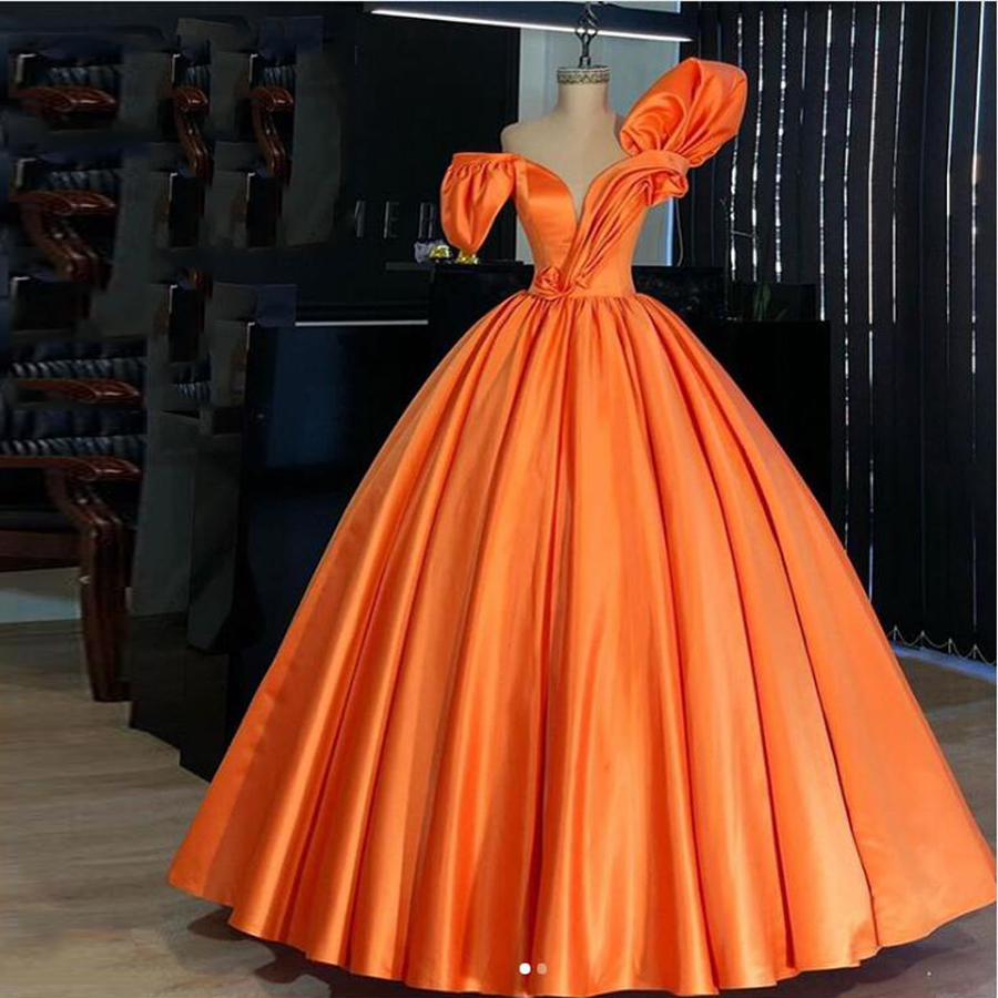 Real Picture Orange Satin Puffy Prom Dresses 2021 Vintage Pleated 3d Flower Long Prom Gowns Plus Size Formal Party Dress