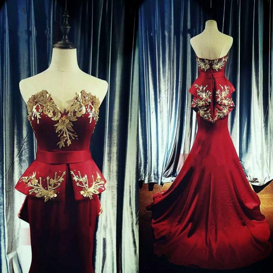 Elegant Wine Red Long Mermaid Prom Dresses With Gold Embroidery Pearls Peplum Prom Gowns Off Shoulder Ruffles Aso Ebi