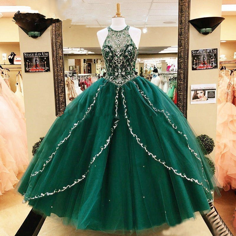 Dark Green Ball Gown Quinceanera Dress For Girls Luxury Crystals Beads Floor Length Long Sweet 16 Prom Dresses Evening Wear