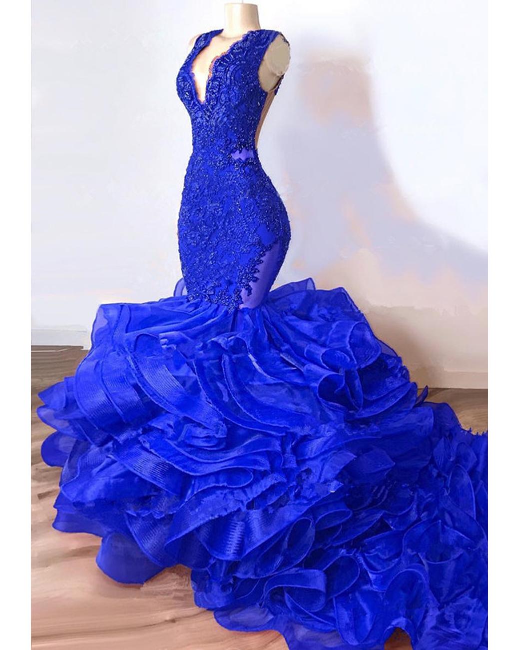 Gorgeous Royal Blue Ruffles Mermaid Prom Dresses 2021 Sexy Sheer Lace Beaded Train Tutu African Trumpet Evening Party Gowns Robe De Soriee