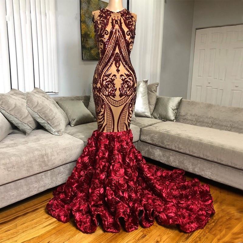 Burgundy Sequined Mermaid Prom Dresses 2020 For African Black Girls Glitter 3d Flowers Real Photo Long Formal Party Gowns