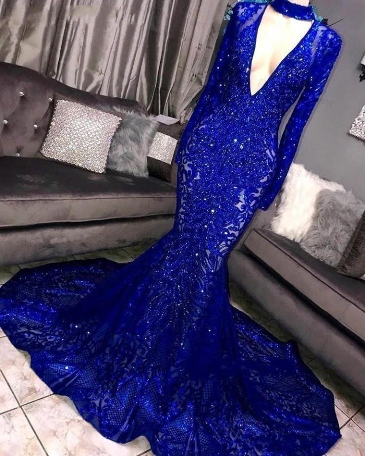 2021 Long Sleeve Mermaid Prom Dresses Deep V Neck Sparkly Sequins Women Evening Prom Party Gown Black Girls