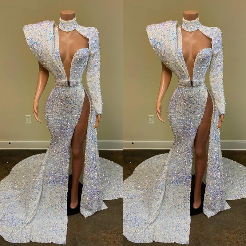Gorgeous Sequin Long Mermaid Prom Dresses 2021 Sexy High Slit Sheer High Neck Single Long Sleeve African Black Girl Prom Dress