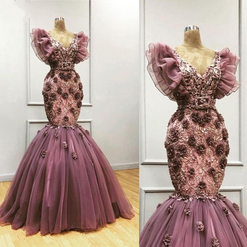 Elegant Purple Mermaid Evening Dresses Handmade Flowers V Neck Appliqued Arabic Formal Prom Dress Plus Size Custom Made