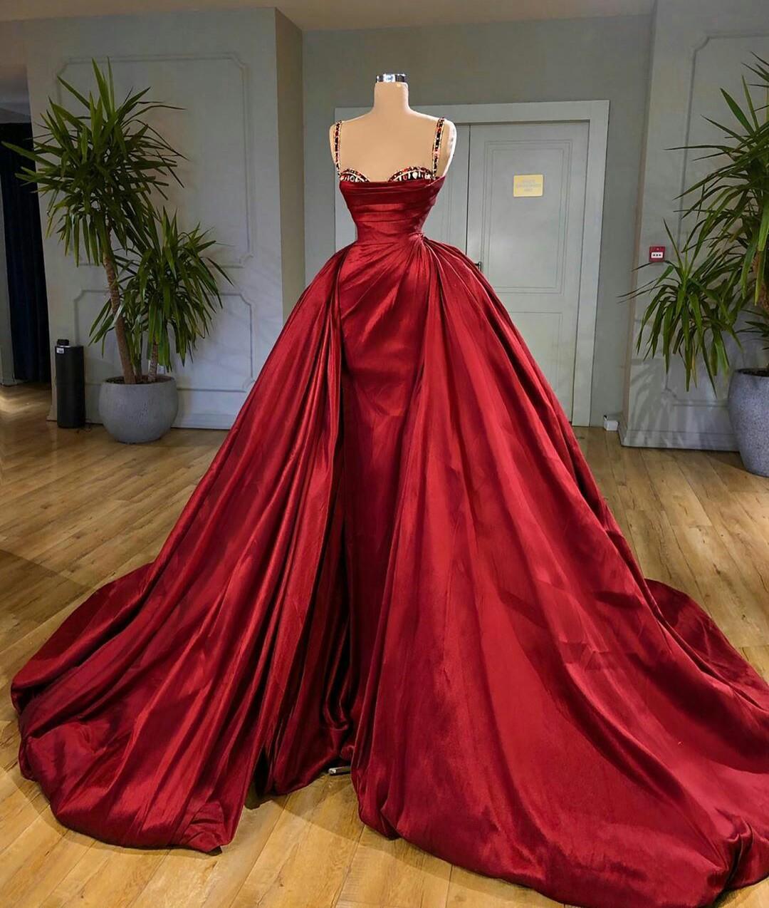 Red Prom Dresses, 2021 Prom Dresses, Detachable Prom Dresses, Sweetheart Prom Dresses, Satin Evening Dresses, Fashion Prom Dresses, Newest Prom