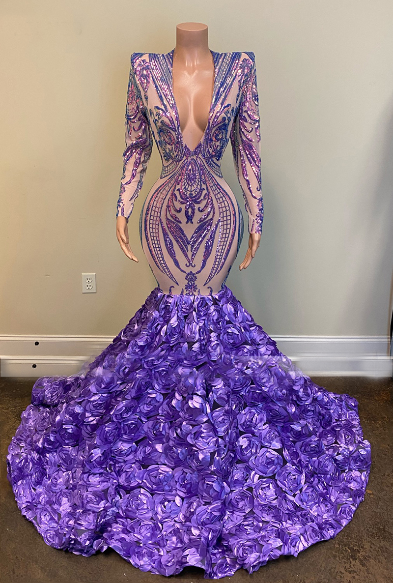 Purple Prom Dresses, 2021 Evening Dresses, Lace Prom Dresses, Hand Made Flowers Prom Dresses, Evening Dresses, Sequins Evening Dresses, Lace