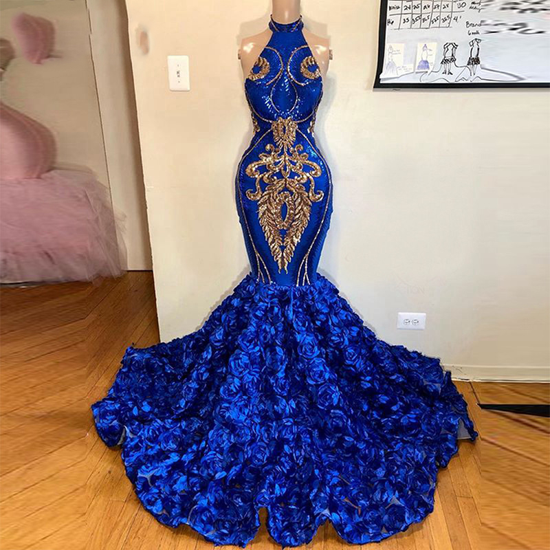 Royal Blue Prom Dresses, Hand Made Flowers Prom Dress, Backless Prom Dresses, Long Evening Gowns, Gold Lace Prom Dresses, Party Dresses, Arabic