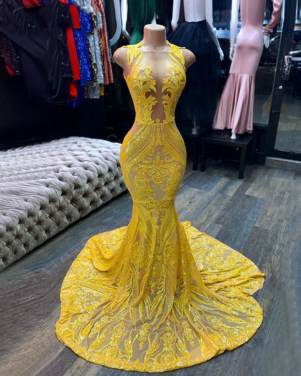 Yellow Prom Dresses, Sheer Prom Dress, Lace Evening Dress, Vintage Prom Dresses, Custom Make Prom Dress, 2021 Prom Dresses, Party Dresses, 2022