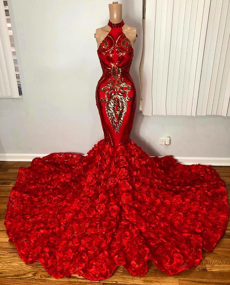 Red Prom Dresses, 2022 Prom Dresses, Sexy Evening Dresses, High Neck Prom Dresses, Hand Made Flowers, 2022 Prom Dress, Arabic Evening Gowns,