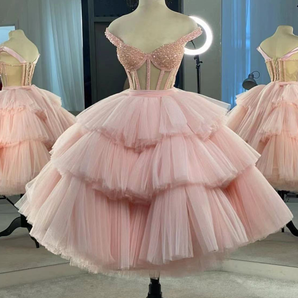 Pink Prom Dresses, Ball Gown Prom Dress, Tiered Prom Dresses, Ruffle Prom Dresses, Sexy Prom Dresses, Newest Evening Dresses, Party Dress, Ankle