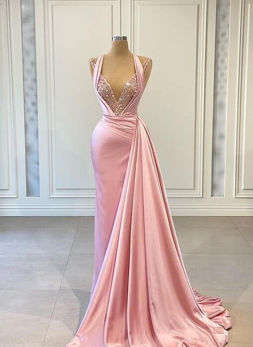 Pink Prom Dresses, Beaded Prom Dress, Satin Prom Dresses, 2022 Prom Dresses, Evening Dresses, Custom Make Evening Dresses, Sexy Evening Dresses,