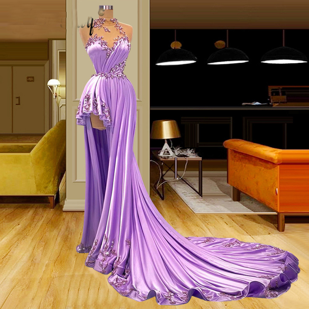 Purple Prom Dresses, 2022 Prom Dresses, Side Slit Prom Dresses, Satin Evening Dresses, Beaded Evening Dresses, Pleats Prom Dresses, Sexy Evening