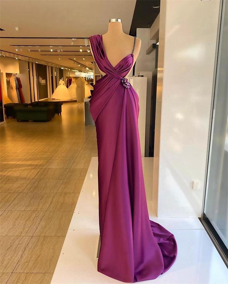 Designer Purple Prom Dresses Beaded Crystals Ruched Pleats Satin Spaghetti Straps Formal Evening Gown Party Wear Vestidos Custom Made