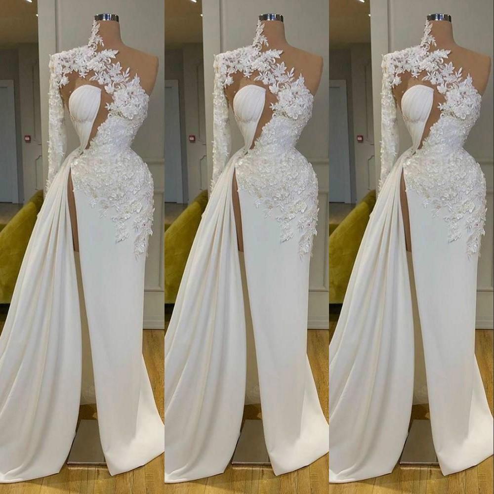 Sexy Arabic Dubai 2022 Exquisite Lace White Prom Dresses High Neck One Shoulder Long Sleeve Flowers Formal Evening Gown Side Split Robes De