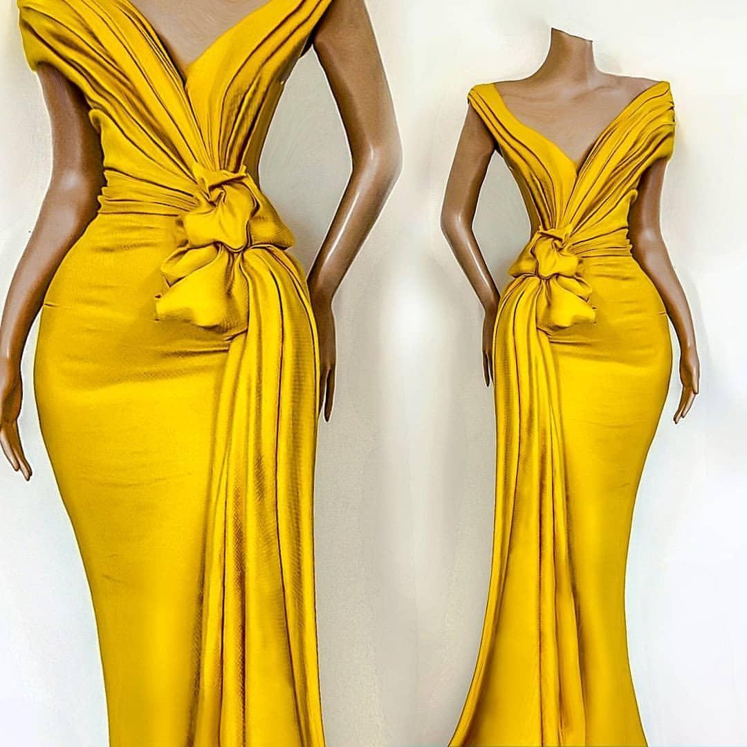 African Yellow Prom Dresses 2022 With Pleats Knoted Deep V Neck Mermaid Evening Dress Formal Celebrity Party Gowns For Women Wear Robe De Soiree
