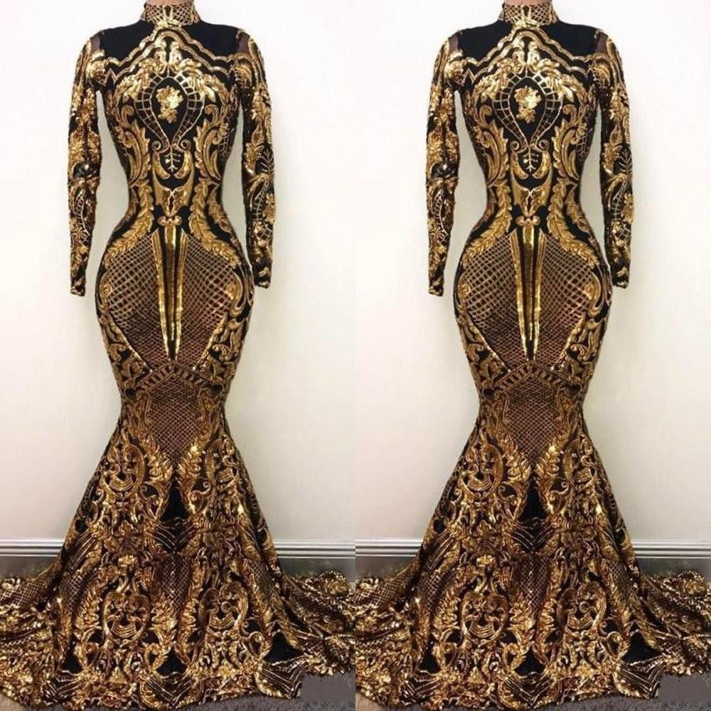 2022 Bling Luxury Long Sleeves Prom Dresses Mermaid High Neck Holidays Graduation Wear Black Gold Sequins Evening Party Gowns Custom Made