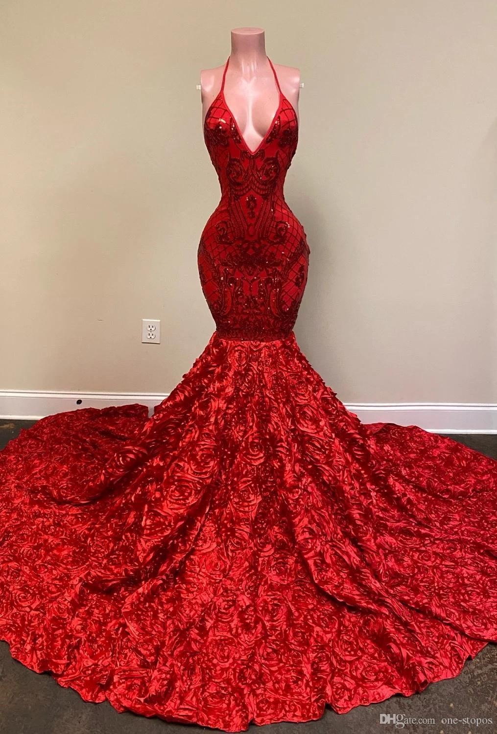 Red Prom Dresses, Halter Prom Dresses, Hand Made Flowers Prom Dress, Red Evening Dresses, Custom Make Formal Dresses, Evening Dresses, Sexy
