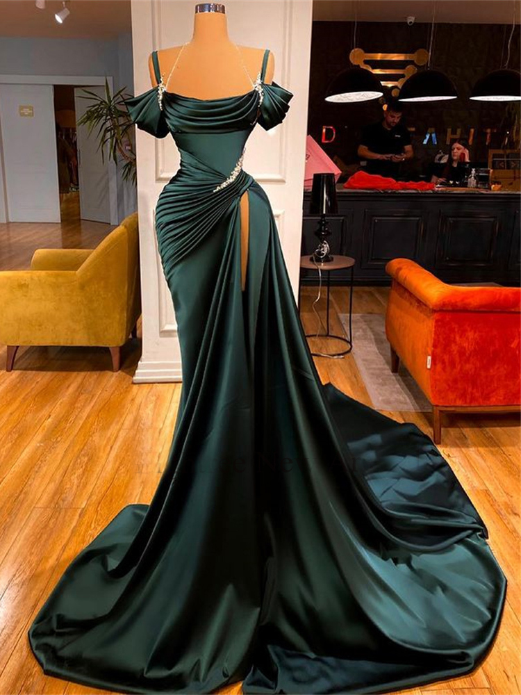 Dark Red Prom Dresses, Off The Shoulder Prom Dresses, Pleats Prom Dresses, Side Slit Prom Dresses, Green Evening Dresses, Sexy Evening Gowns,