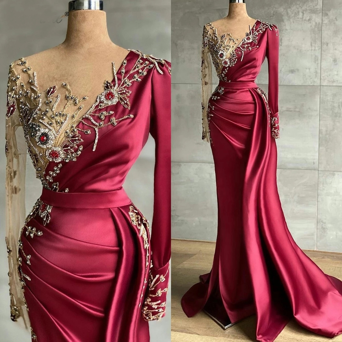 red prom dresses, pearls prom dresses, long sleeve prom dresses, mermaid prom dresses, pleats eveing gowns, custom make formal dresses, 2022 evening dresses, fashion evening gowns, arabic party dresses, newest evening gowns