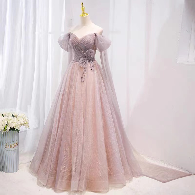 Pink Prom Dresses, Off The Shoulder Prom Dresses, Pleats Prom Dresses, A Line Prom Dresses, Tulle Prom Dresses, Hand Made Flowers Prom Dresses,