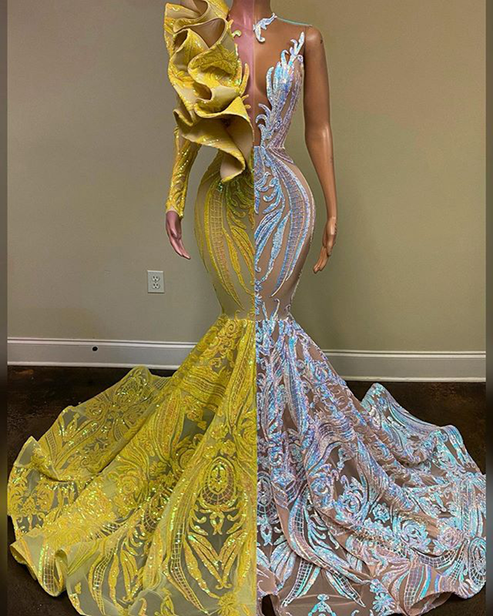 White And Yellow Prom Dresses, Lace Prom Dresses, Yellow And White Prom Dresses, 2022 Prom Gowns, Fashion Evening Dresses, Lace Party Dresses,