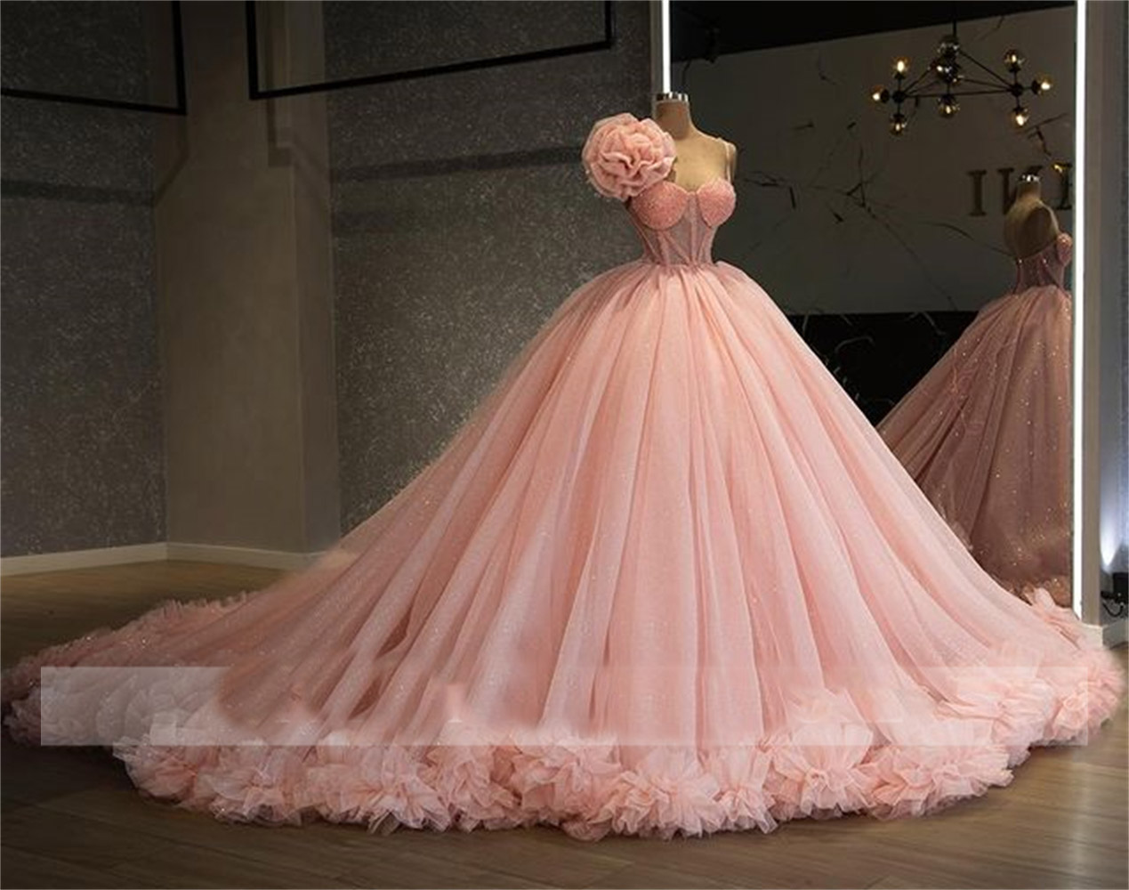 Pink Prom Dresses, Quinceanera Dress, Princess Corest Prom Dresses, Ball Gown Evening Dresses, Hand Made Flowers Evening Dresses, Puffy Prom