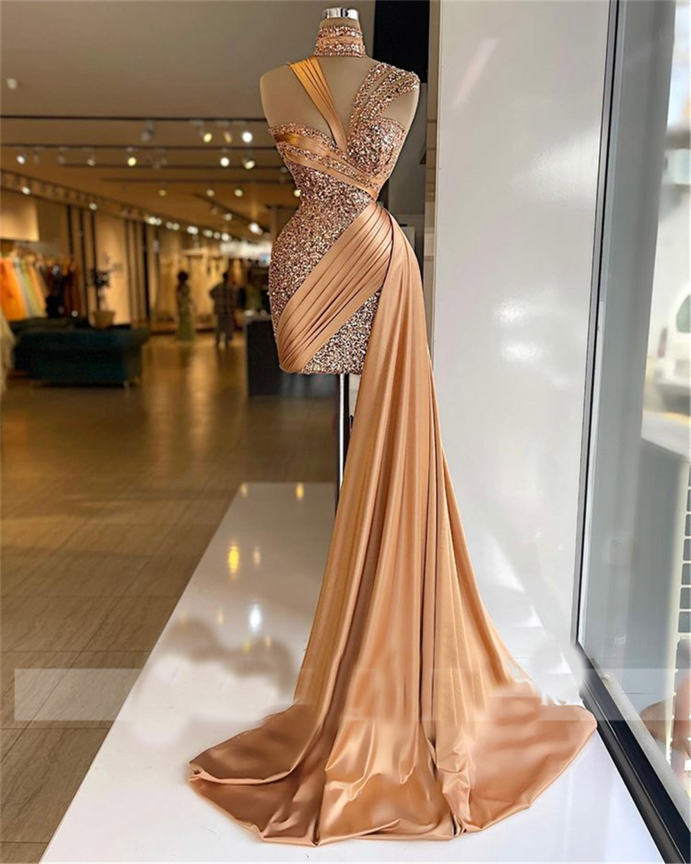 Champagne Prom Dresses, Sparkly Evening Dresses, Sheath Prom Dresses, Sashes Prom Dresses, Pleats Evening Dresses, Sequins Evening Dresses,