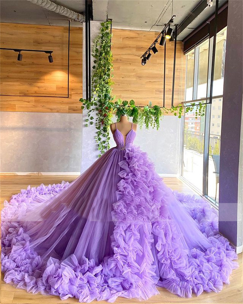 Purple Prom Dresses, Tulle Evening Dresses, Custom Make Evening Dresses, Ruffle Evening Dresses, Puffy Evening Gowns, Quinceanera Dress, Princess