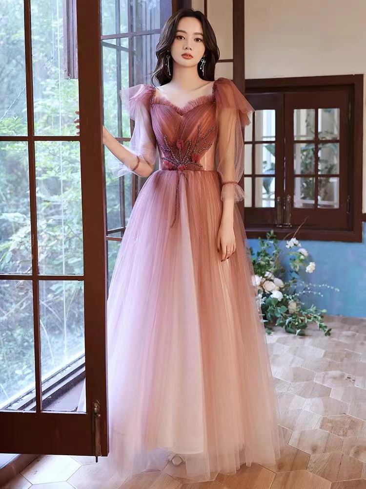 Pink Prom Dresses, Beaded Prom Dresses, A Line Prom Dresses, Tulle Prom Dresses, Arabic Evening Dresses, Custom Make Evening Dresses, Fashion