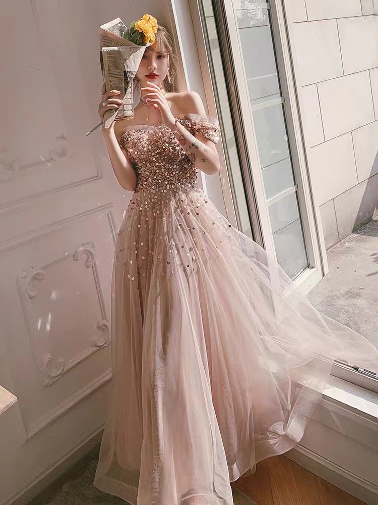 Champagne Prom Dresses, Off The Shoulder Prom Dresses, A Line Prom Dresses, Tulle Prom Dresses, Sequins Evening Dresses, Champagne Evening