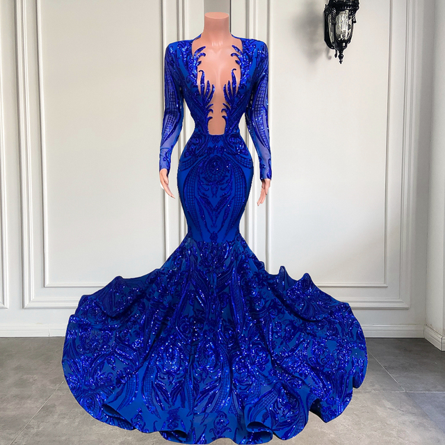 Royal Blue Prom Dresses, Mermaid Prom Dresses, Long Sleeve Prom Dresses, Sparkly Evening Dresses, Custom Make Evening Dresses, Prom Dresses,