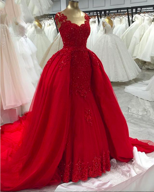 Red Prom Dresses, Lace Appliques Prom Dresses, Detachable Prom Dresses, Beaded Prom Dresses, Evening Dresses, Party Dresses, Sexy Evening