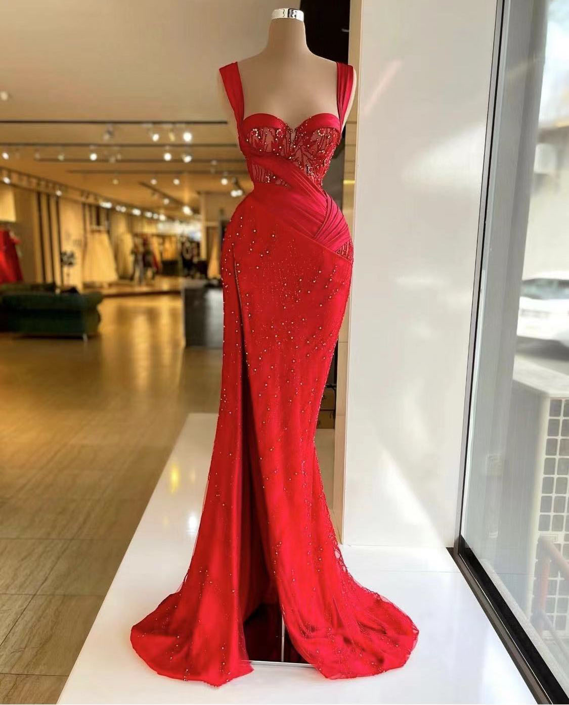 Red Prom Dresses, Lace Prom Dresses, Beaded Prom Dresses, Sweetheart Prom Dresses, Side Slit Prom Dresses, Arabic Prom Dresses, Evening
