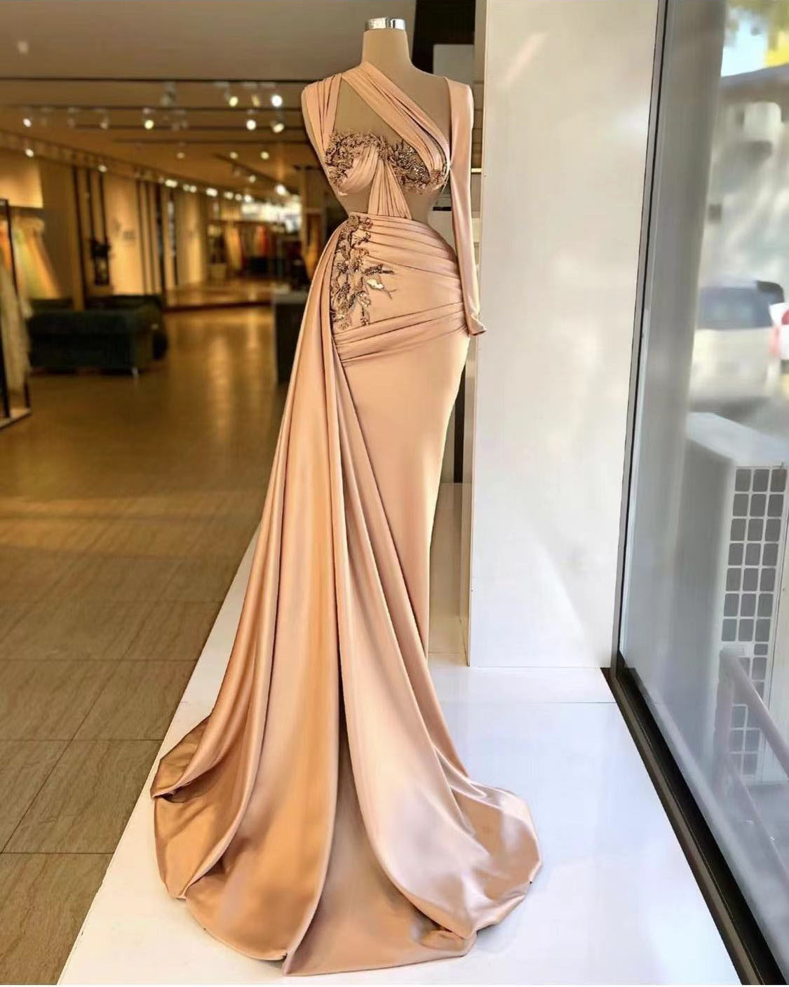 Champagne Prom Dresses, Long Sleeve Prom Dresses, Pleats Prom Dresses, Lace Prom Dresses, Custom Make Evening Dresses, Fashion Evening Dresses,
