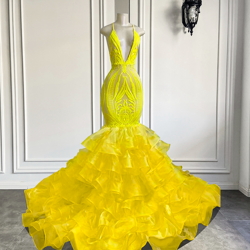 Sexy V-neck Mermaid Ruffle Yellow Organza Sparkly Sequin Long Prom Dresses 2022 For Black Girls