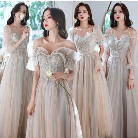 4 Styles Off The Shoulder Bridesmaid Dress Fairy Elegant Appliques A-line Mesh Long Dresses Female Party Gowns