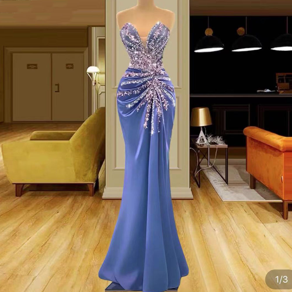 Blue Prom Dresses, Sweetheart Neckline Prom Dresses, Pleats Evening Dresses, Mermaid Prom Dresses, Fashion Evening Dresses, Satin Evening
