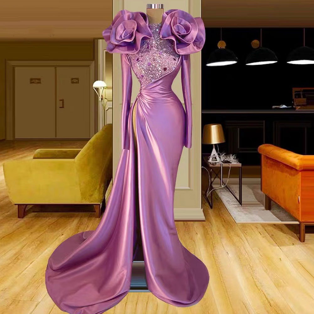 Purple Prom Dresses, Flowers Prom Dresses, Crystal Prom Dresses, Beaded Prom Dresses, Side Slit Prom Dresses, Long Sleeve Prom Dresses, Custom