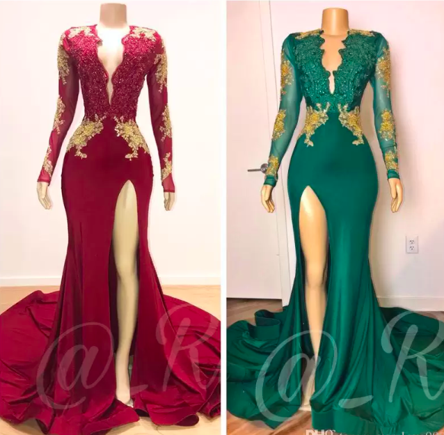 2022 Dark Red Sexy Mermaid Prom Dresses V Neck Long Sleeves Sequined Beaded Evening Dresses Formal Party Dress Wear Vestidos