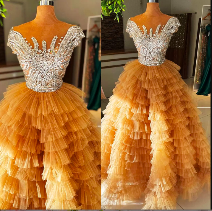 2022 Plus Size Arabic Aso Ebi Luxurious Gold Aline Prom Dresses Beaded