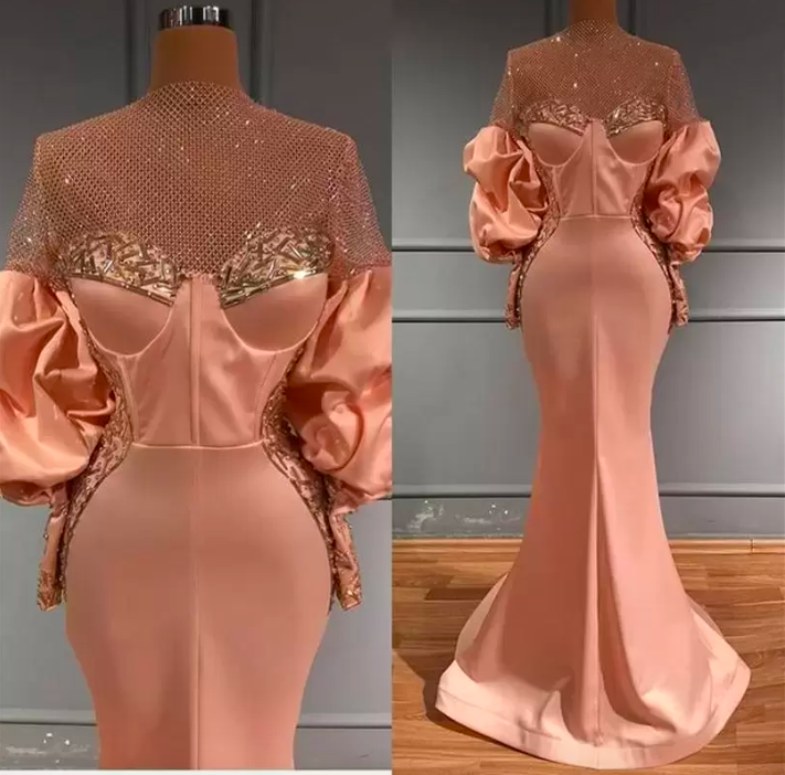 2022 Sparkly Mermaid Prom Dresses Ruched Pleats High Neck Illusion Sequins Beaded Satin Long Sleeves Evening Gown Formal Occasion Wear