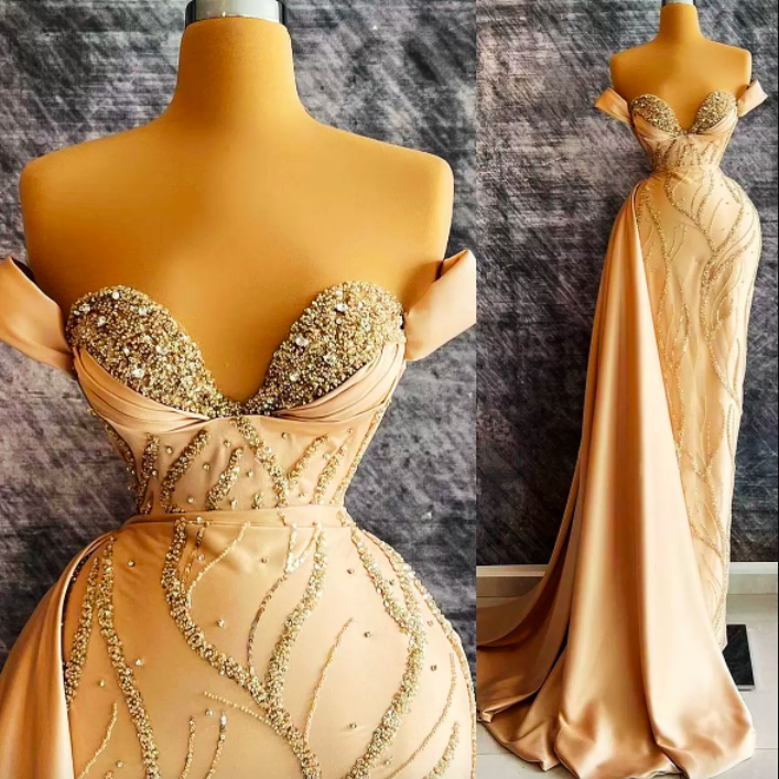 2022 Plus Size Arabic Aso Ebi Champagne Sheath Stylish Prom Dresses Beaded Satin Evening Formal Party Second Reception Birthday Engagement Gowns