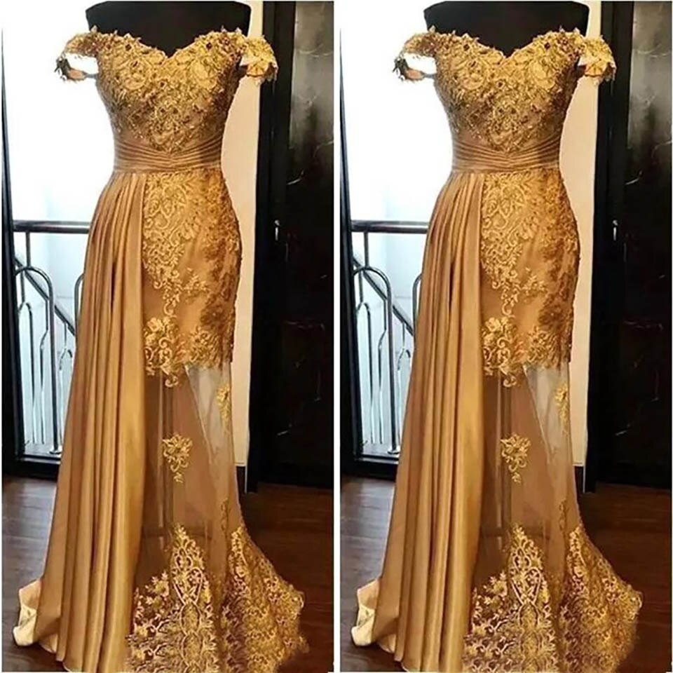 2022 Backless Formal Dresses Evening Dress Gold Illusion Off-shoulder Sleeveless Elastic Satin Tulle Prom Party Gown Appliques